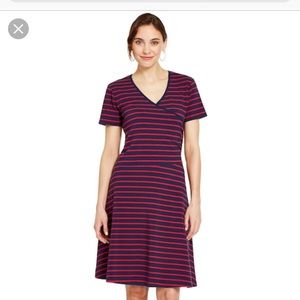 Blue and red striped faux wrap dress